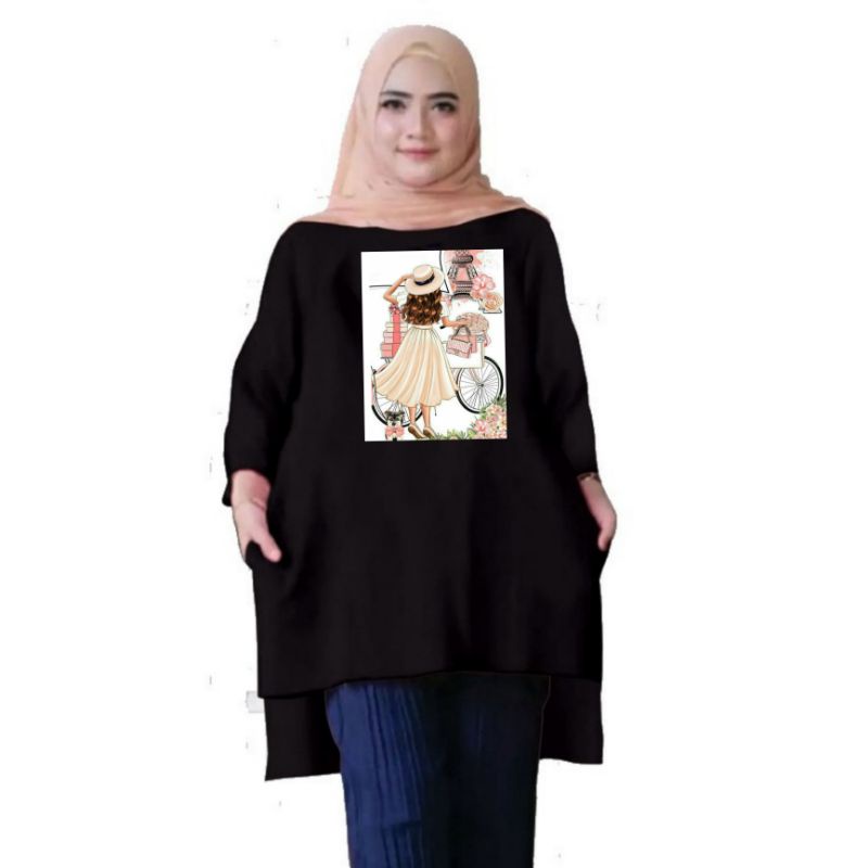 Atasan Baju Tunik Kaos Wanita Oversize LD 130 Cm Terbaru 2023 Viral Gambar DTF Bahan Kaos Babyterry . Atasan Baju Wanita Santai Tunik Wanita Dewasa Cewek Jumbo Kekinian Murah Big Size Sepeda Paris