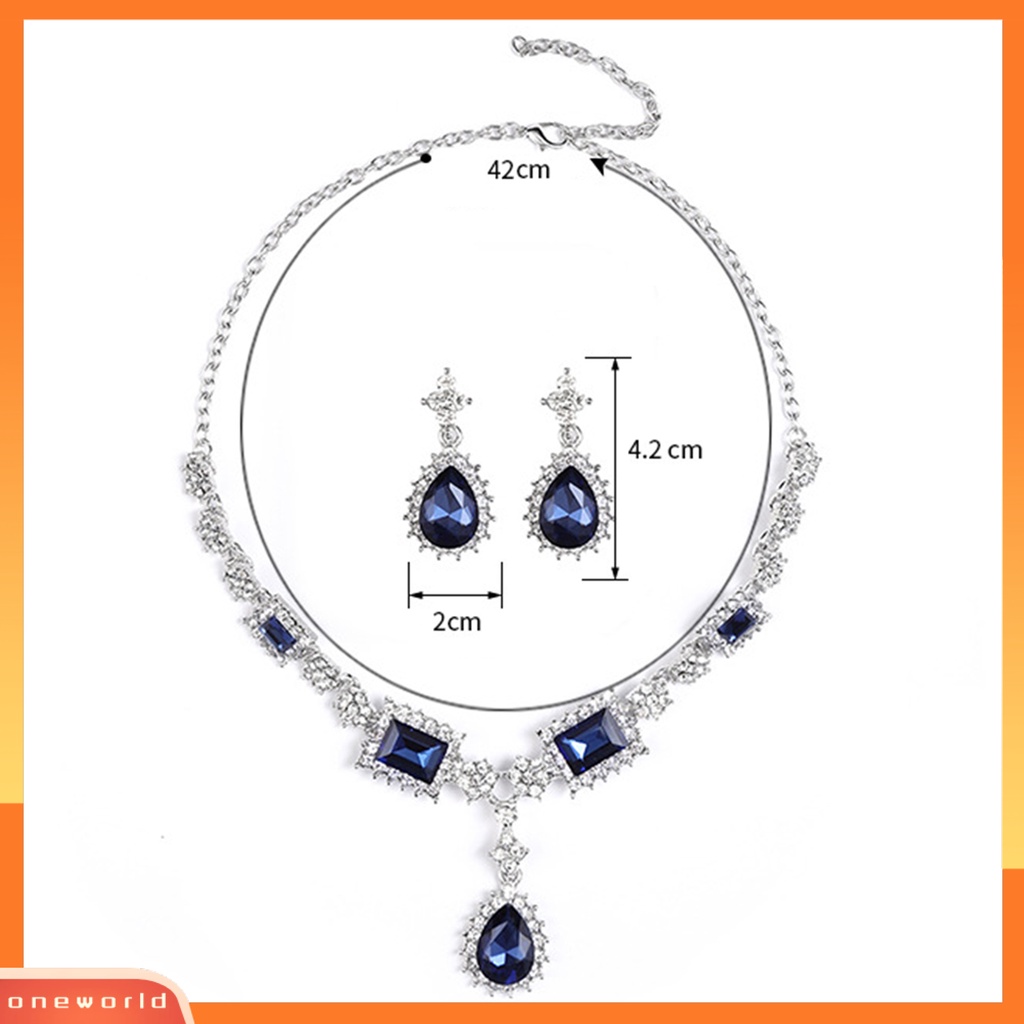 [ONE] 2 Pcs/Set Kalung Anting Set Kristal Imitasi Geometris Pernikahan Perhiasan Pengantin Temperamen Indah Berlian Imitasi Drop Earrings Kalung Hadiah Anniversary