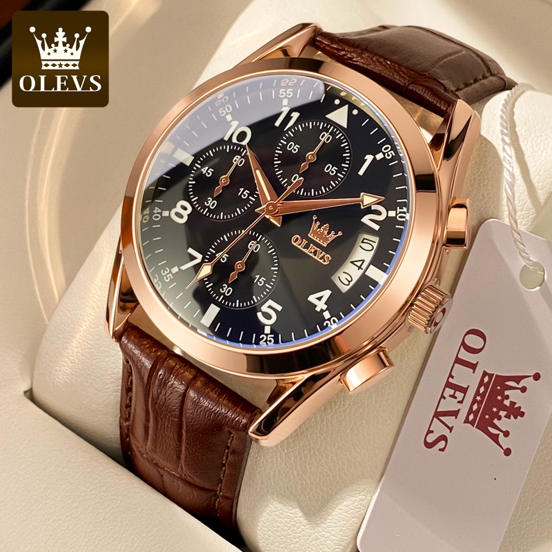 OLEVS Jam Tangan Pria Original Anti Air Kulit Tahan Keren Luminous Hitam Coklat Luxury Chronograph Watch Men Multifungsi