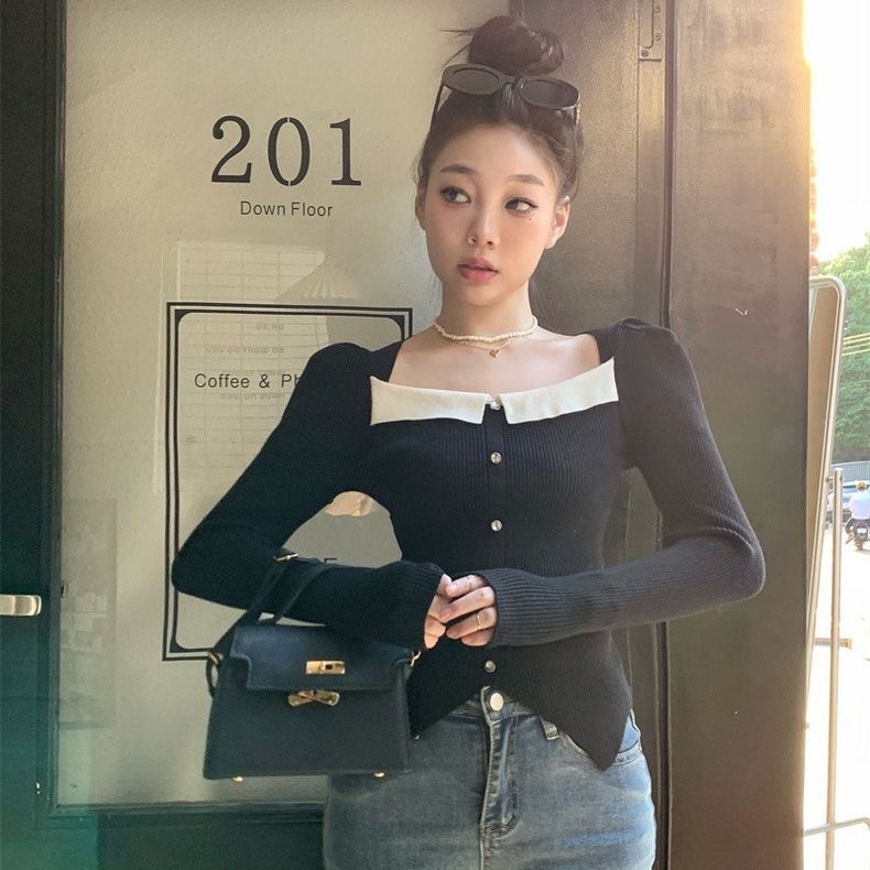 Red French square collar puff sleeve knitted sweater women s awal musim gugur baru short bottoming shirt design sense meat Yao top gaya yang sama
