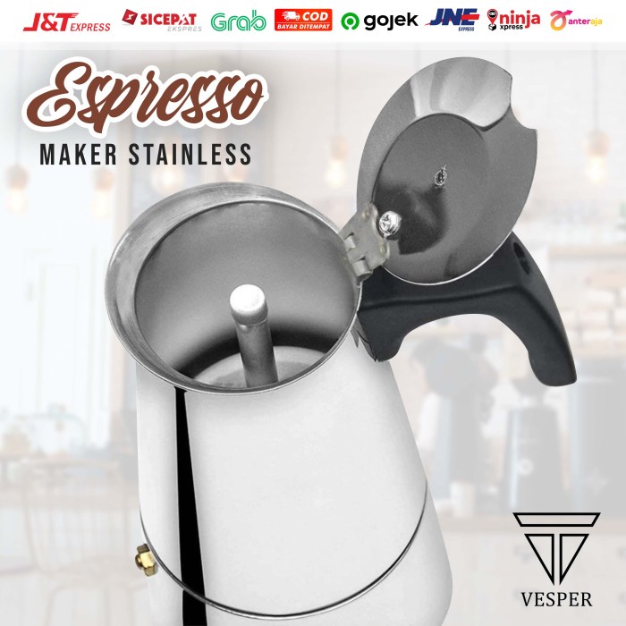 

Terlaris ✨ -Espresso maker 6 cup / moka pot stainless 6cup / teko kopi stainless- 2.1.23