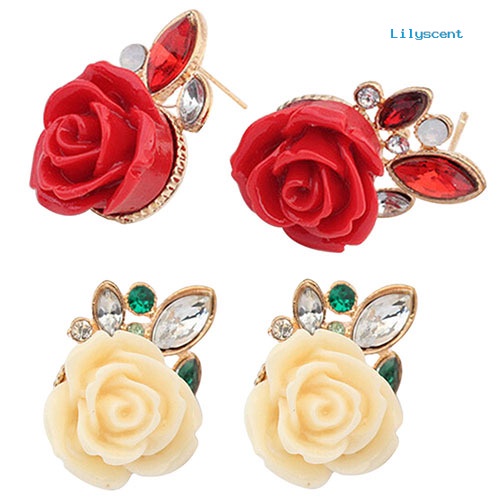 [LS] Wanita Retro Elegan Bunga Mawar Berlian Imitasi Hias Telinga Studs Earrings Hadiah