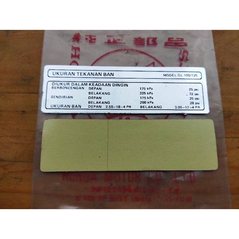 sticker stiker tekanan ban ketengkas tutup rantai honda gl 100 gl 125 original