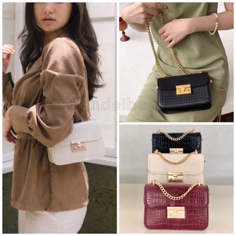ORIGINAL  Charles&k3ith boxy chain bag / woven woden sling bag / tas wanita kotak cnk c&k ck selempa
