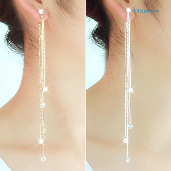[LS] Wanita Berlian Imitasi Super Panjang Jumbai Drop Menjuntai Cocktail Pesta Linear Earrings