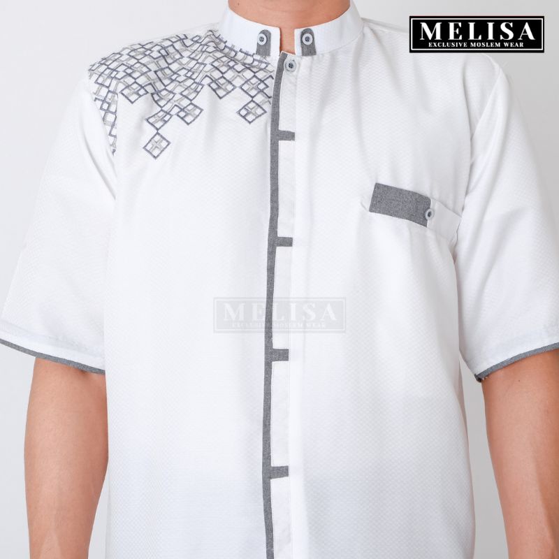 Baju Koko Pria Dewasa Lengan Pendek Bahan Poli Katun Warna Putih Tulang Motip Bordir