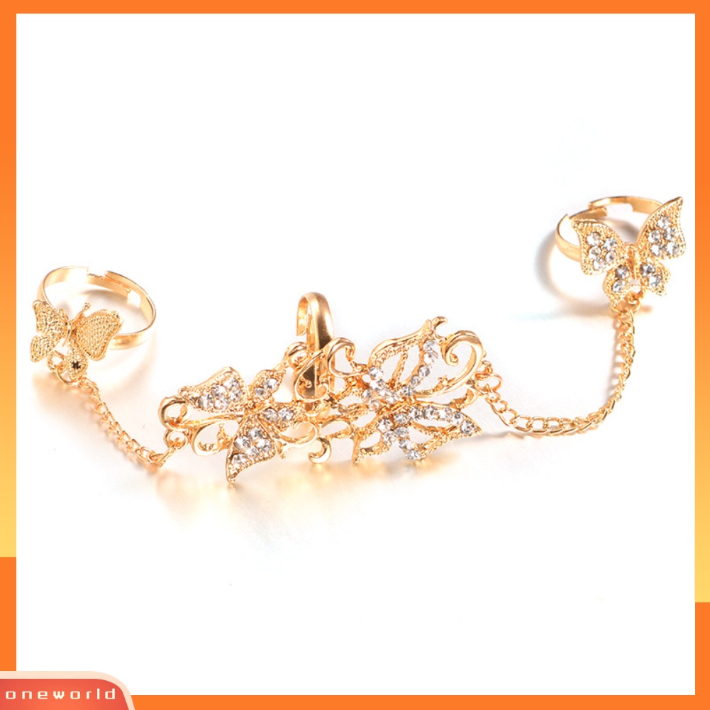{oneworld} Fashion Berlian Imitasi Berongga Kupu-Kupu Link Jari Cincin Adjustable Wanita Perhiasan