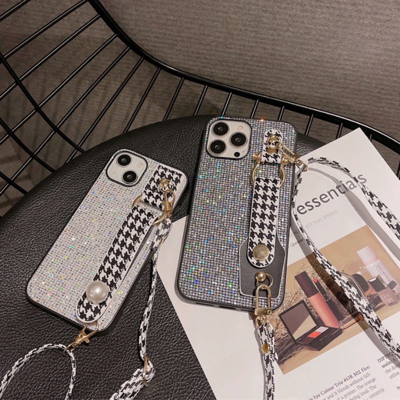 [High Quality] Flash Diamond Wrist Strap Case Untuk IPhone 14,13,12,11 Pro Max Casing Ransel Motif Houndstooth