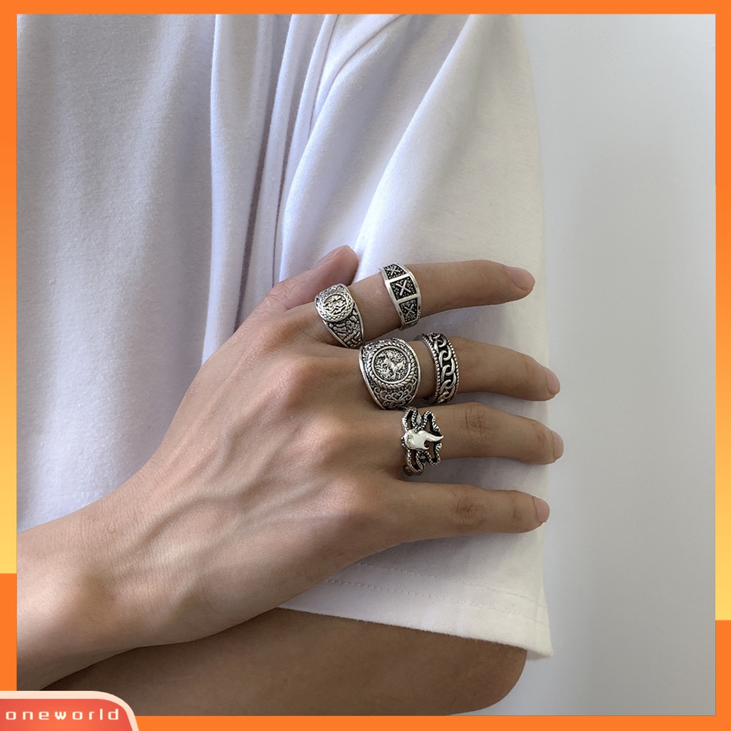 [ONWL] 5pcs/set Cincin Buku Jari Pola Halus Geometris Mewah Retro Electroplating Dekorasi Perhiasan Pria Vintage Gothic Knuckle Joint Rings Untuk Pesta