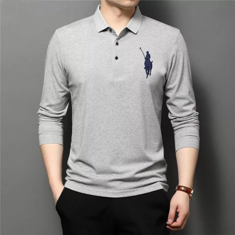 KAOS PRIA KERAH WANGKI ABU / GREY  BAJU KERAH PRIA LENGAN PANJANG MODEL TERBARU