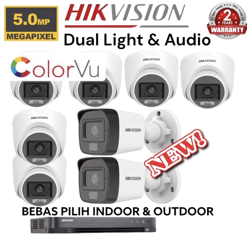 paket camera cctv 8 kamera hikvision 5mp dual light colorvu + audio build built in mic 8 channel ch bisa rekam suara 8ch