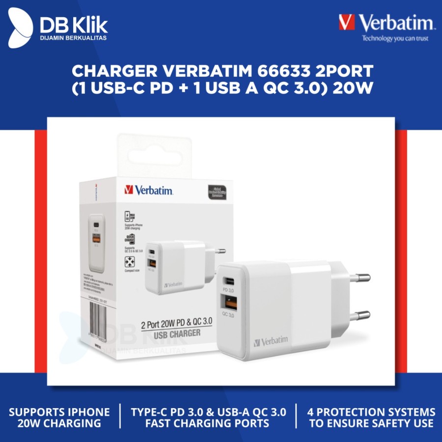 Charger Verbatim 66633 2Port (1 USB-C PD + 1 USB A QC 3.0) 20W White