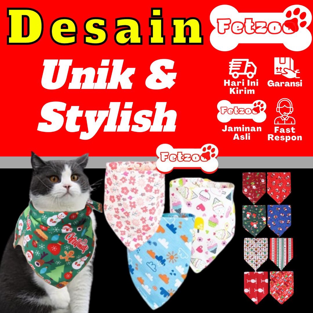 Syal Leher Kucing Bentuk Segitiga Motif Print Rusa Santa Claus Untuk Kucing Anjing Peliharaan FETZOO