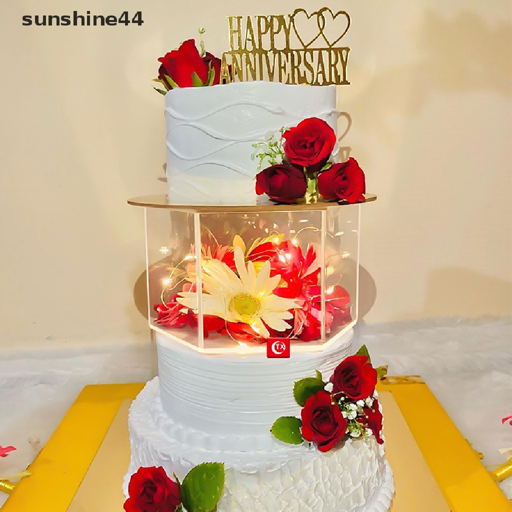 Sunshine Fillable Cake Display Hexagon Papan Akrilik Bening Alat Baking Dekorasi Kue.