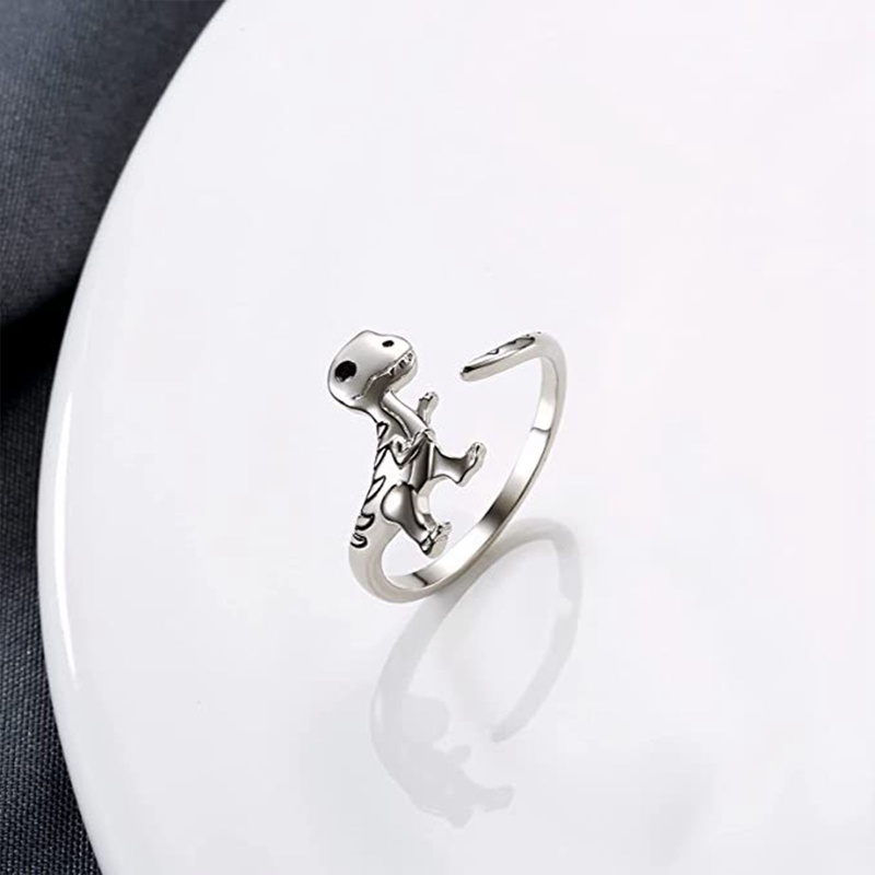 Kreatif Lucu Cincin Dinosaurus Warna Perak Cincin Wanita Terbuka Dapat Disesuaikan Jari Aksesoris Fashion Perhiasan