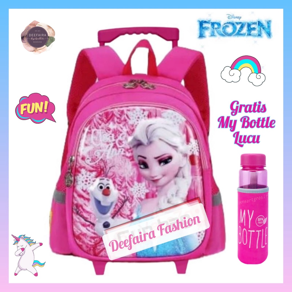 Tas Ransel Troli Anak Perempuan Untuk Sekolah Tk &amp; Paud Motif Frzn Dsny Free My B0ttle Lucu