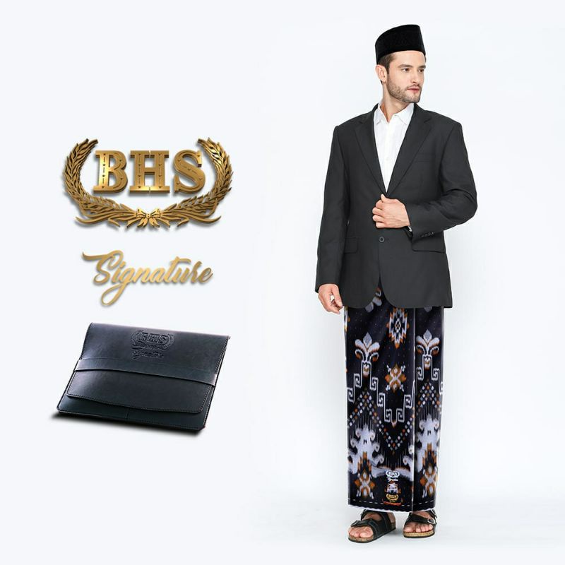 Sarung BHS Signature Gold Motif Kawung Gunung Dua Warna Hitam Orange
