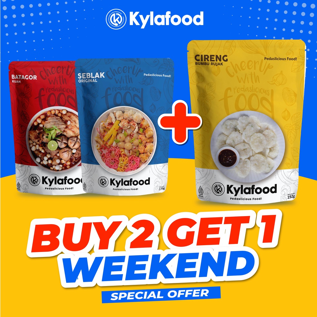 

Kylafood Buy 2 Get 1 Free Khusus Weekend ( 1 Seblak Original 1 Batagor Kuah Free Cireng Rujak )