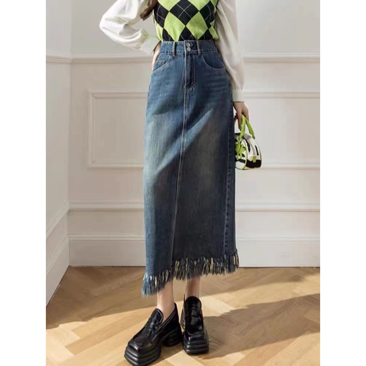 Red Retro Baku Fringe Denim Rok Wanita Musim Gugur dan Musim Dingin Pinggang Tinggi Menggantungkan Celah Panjang Tas Hip rok Satu Langkah Rok