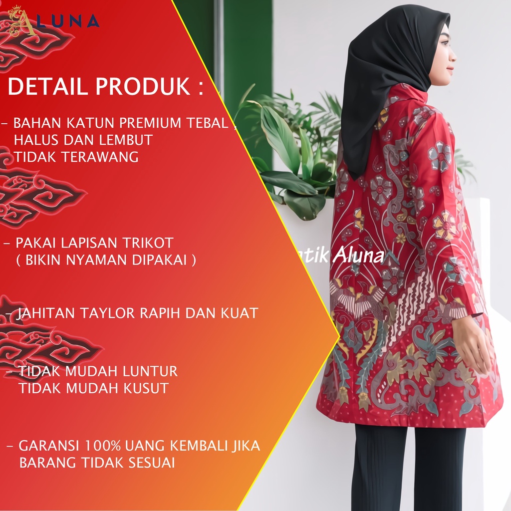 Batik Wanita Tunik Lengan Panjang Katun Lapis Trikot Premium Modern Original Kancing Resleting Belakang Batik Kerja Kantor Kondangan Size M L XL XXL 068