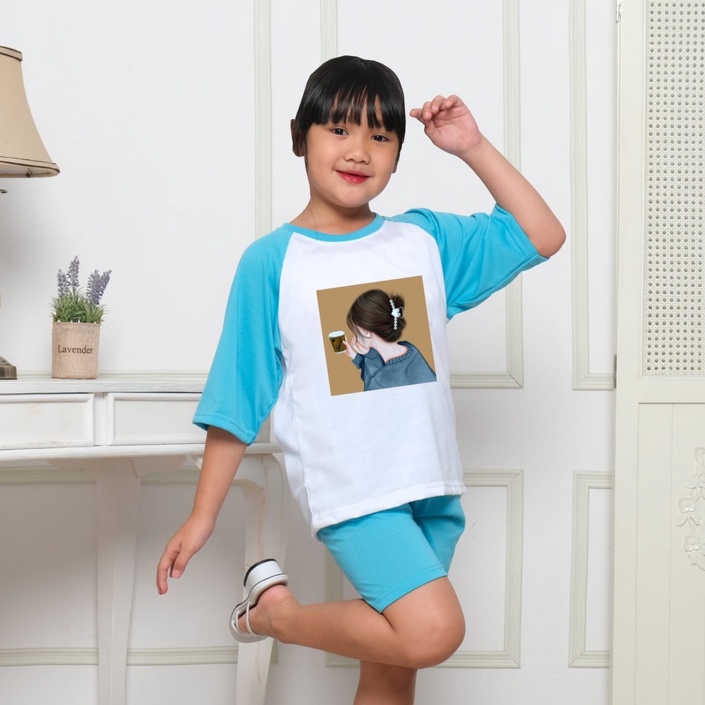 Hzl_outfit Baju Setelan Lengan 3/4 Lip Cream Implora Anak Perempuan (COD)