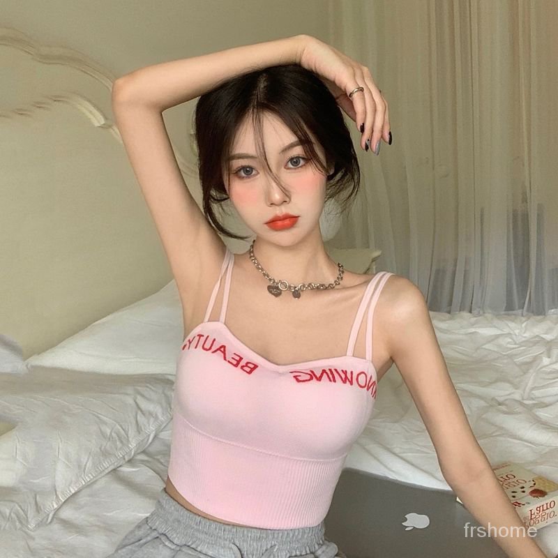 Camisole tank top lingerie wanita tanpa cincin baja berbentuk U besar berkumpul di luar memakai bra