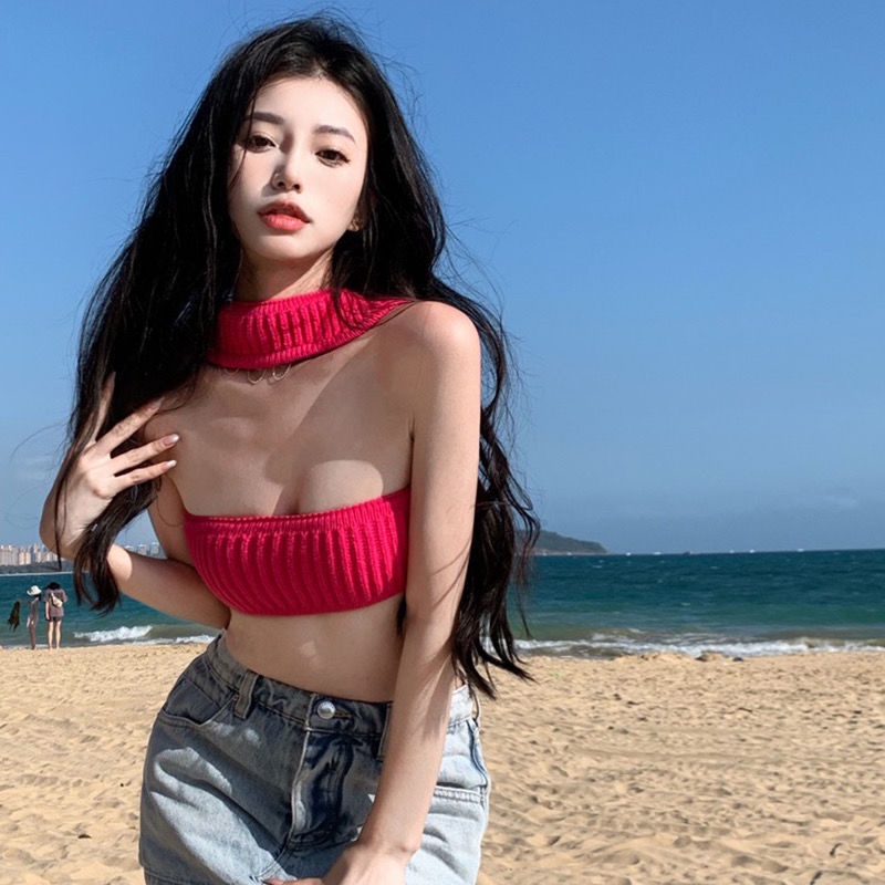 ☈Eropa dan Amerika In Tide Hot Girls Menggantung Leher Tube Top Kamisol Rompi Kecil Wanita Musim Panas Pendek Gaya Di Dalam dan Di Luar Memakai Kemeja Top