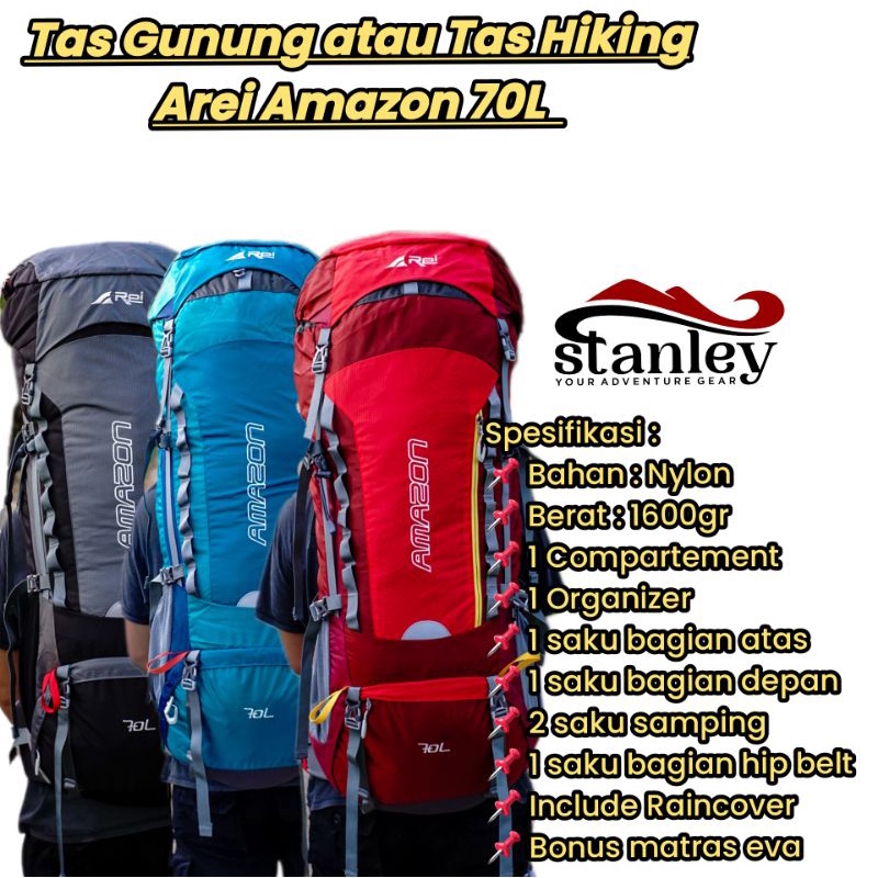 Tas gunung atau tas hiking Arei Amazon 70L  up to 80L free coverbag