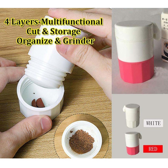 Tempat Obat 4 in 1 Giling Potong Simpan Cup Air Multifungsi