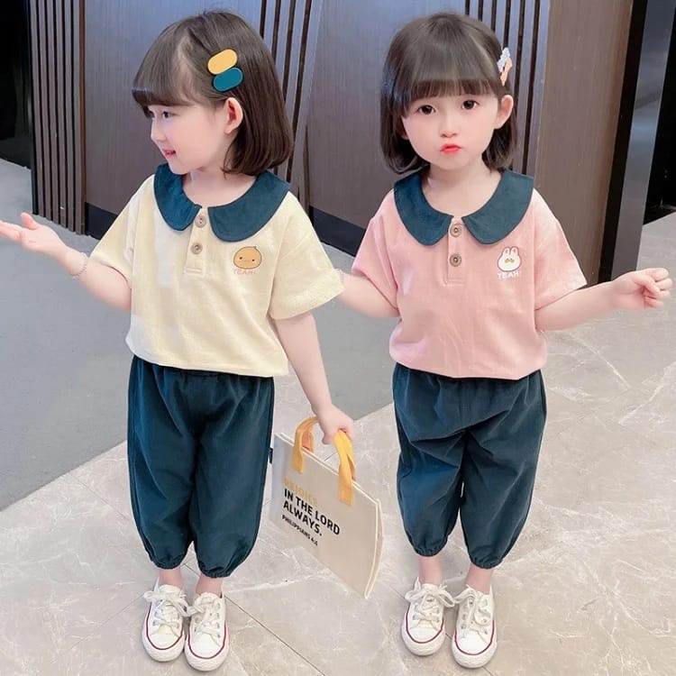 One Set - Setelan Anak Perempuan Berkerah Blouse dan Celana Jogger Import