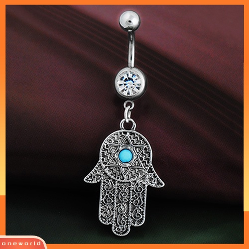 [oneworld] 1pc Vintage Hamsa Symbol Fatima Tangan Berlian Imitasi Pusar Belly Button Ring