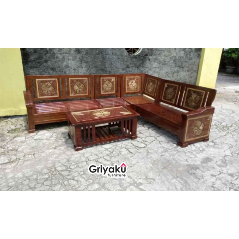 Kursi Tamu Sudut Motif Ukir Jati / Furniture Jati / Mebel Jati