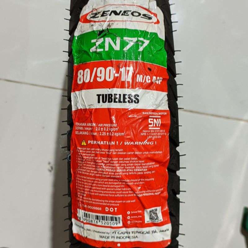 Ban Luar Tubeless Zeneos ZN 77 80/90-17 Sepeda Motor