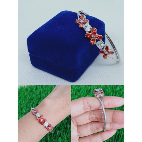 gelang tangan bangle batu oranye &amp; putih/perak asli silver 925 lapis emas/perhiasan fashion wanita terbaru