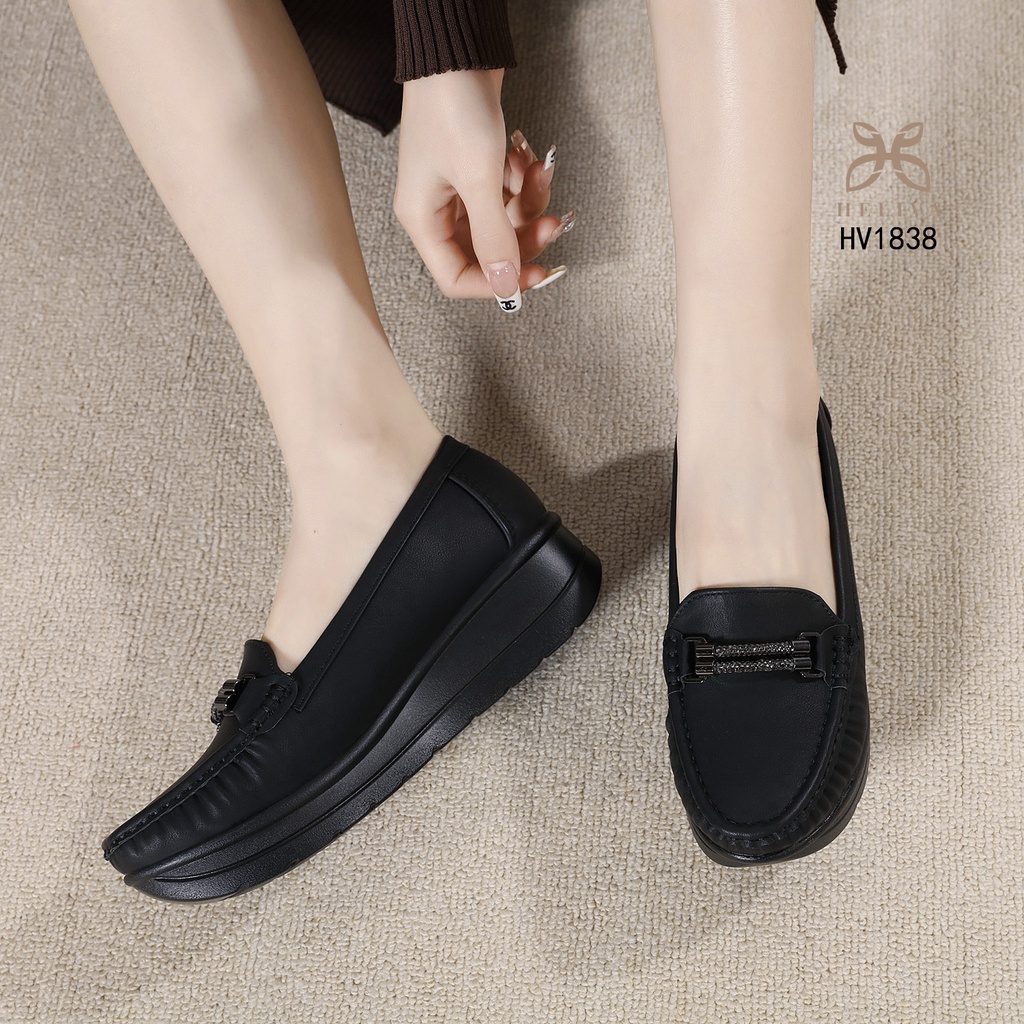 HELIVA DENIS Wedges Shoes Sol Sedang 5cm Bahan Kulit Halus Sepatu Wanita Ujung Bulat Formal HV1838 Original Brand