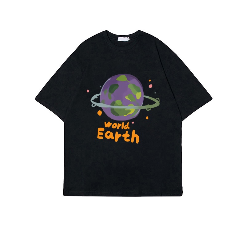 100% Katun Graphic Tee Baju Wanita Earth Print Atasan Wanita Oversize Kaos Putih T-shirt Couple Korean Style/kaos murah