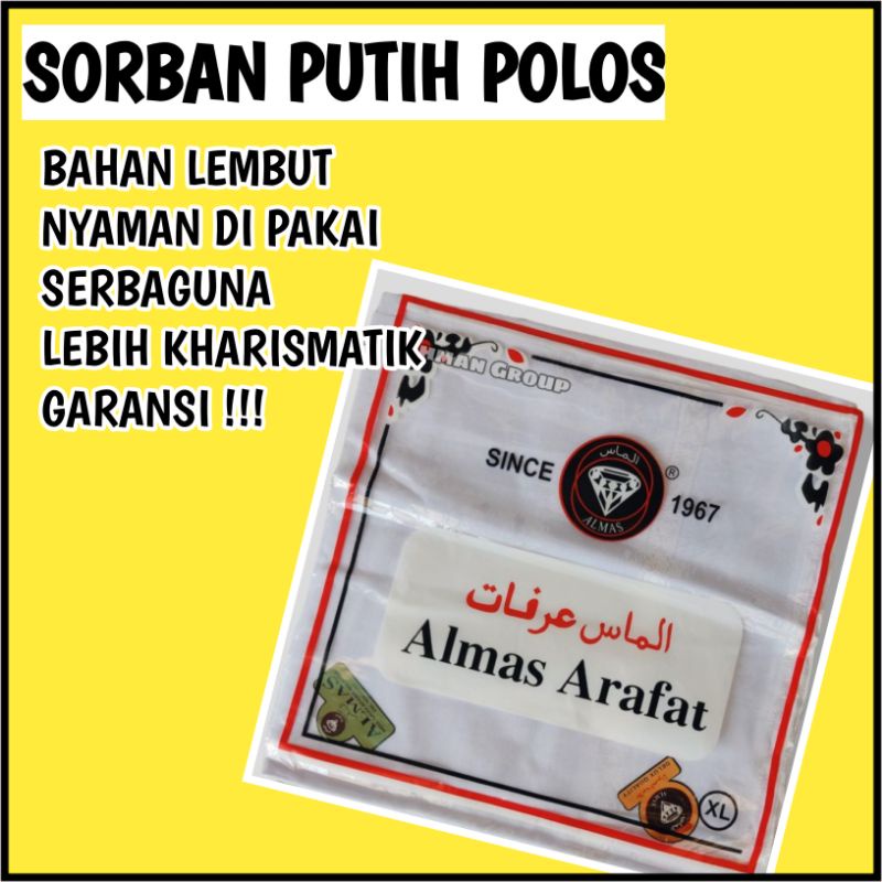 SORBAN PUTIH POLOS ALMAS ARAFAT SANTRI HABIB PRIA SURBAN SERBAN POLOS PUTIH HABIB PRIA TERBARU