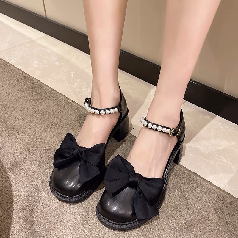 1327 Heels Wanita Fashion Import Sepatu Kerja Tali Mutiara Dengan Pita Bisa COD (With Box)