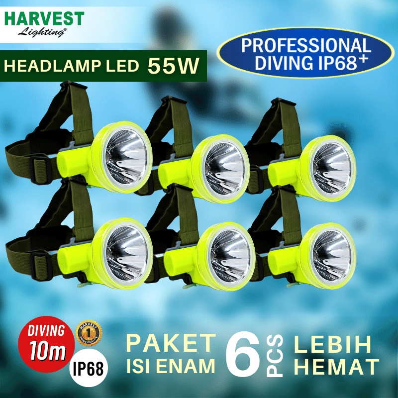 55W - PAKET ISI 6 - Headlamp HARVEST LIGHTING Senter Kepala LED Professional DIVING IP68 2600 MAH Lampu Emergency Selam Spearfishing Travel Hunting Rechargeable  Original Bergaransi