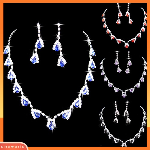 [oneworld] Wanita Mempesona Cubic Zirconia Kalung Kristal Liontin Anting Set Perhiasan Pengantin