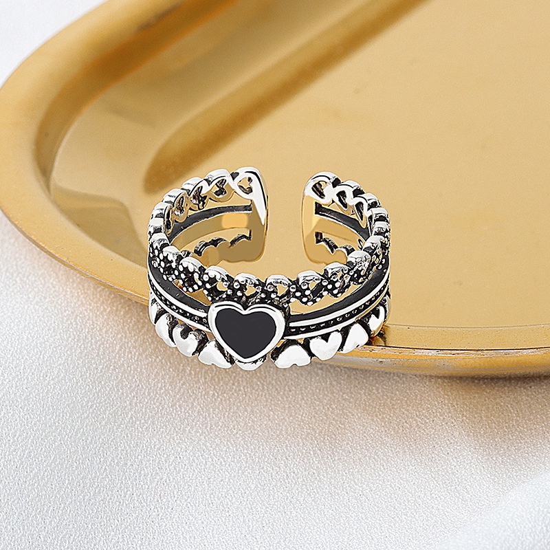 S925 Sterling Silver Cincin Untuk Wanita Jantung Zirkon Hitam Mahkota Jari Terbuka Adjustable Cincin Trendi Vintage Halus Jelwery