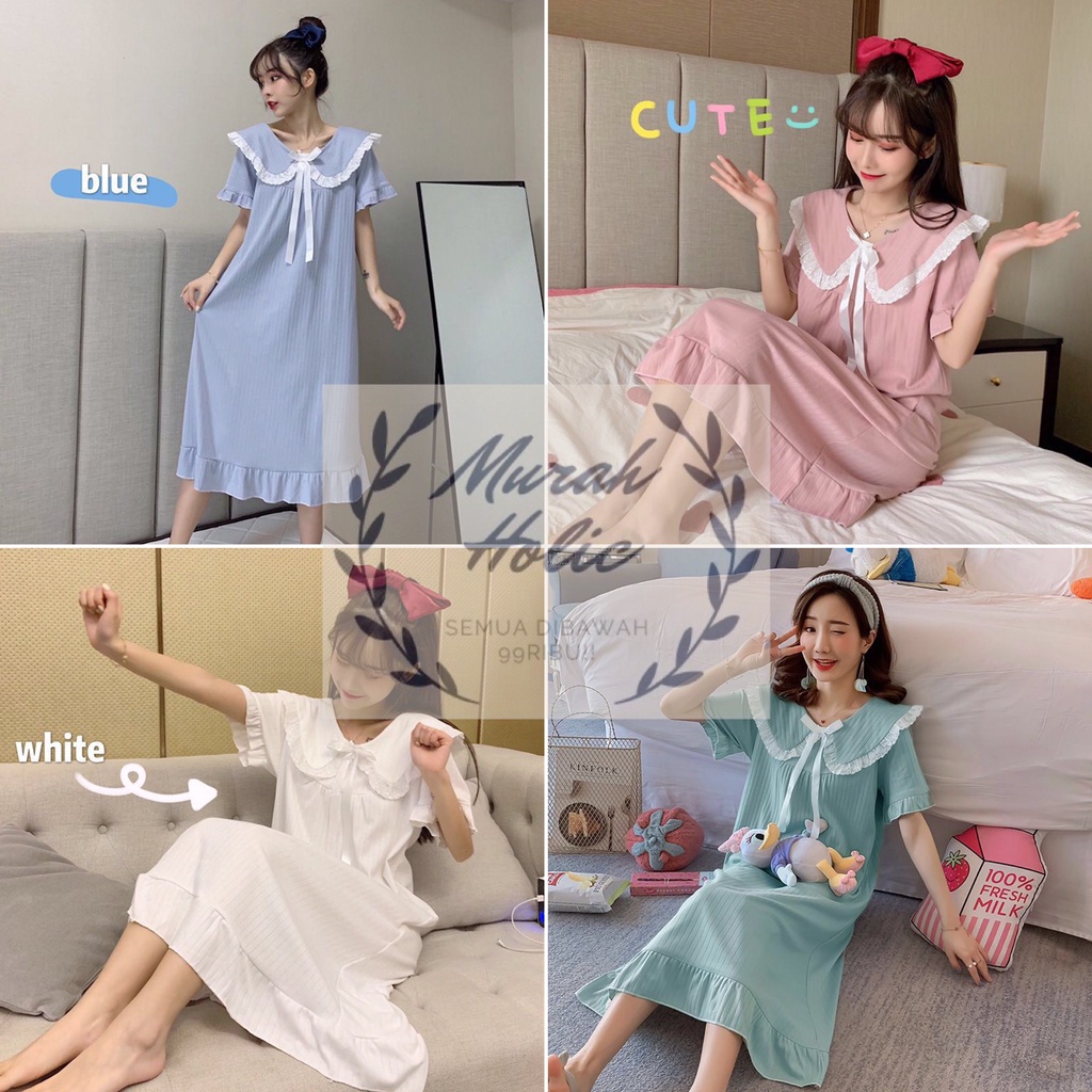 MURHOL Baju Daster Renda Wanita Motif Polos Pita Baju Tidur Lengan Pendek Cewek Perempuan Baju Rumah