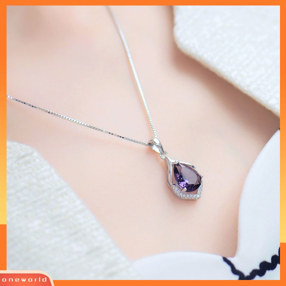 {oneworld} Wanita Droplet Faux Amethyst Kalung Klavikula Dekorasi Liontin Perhiasan Hadiah