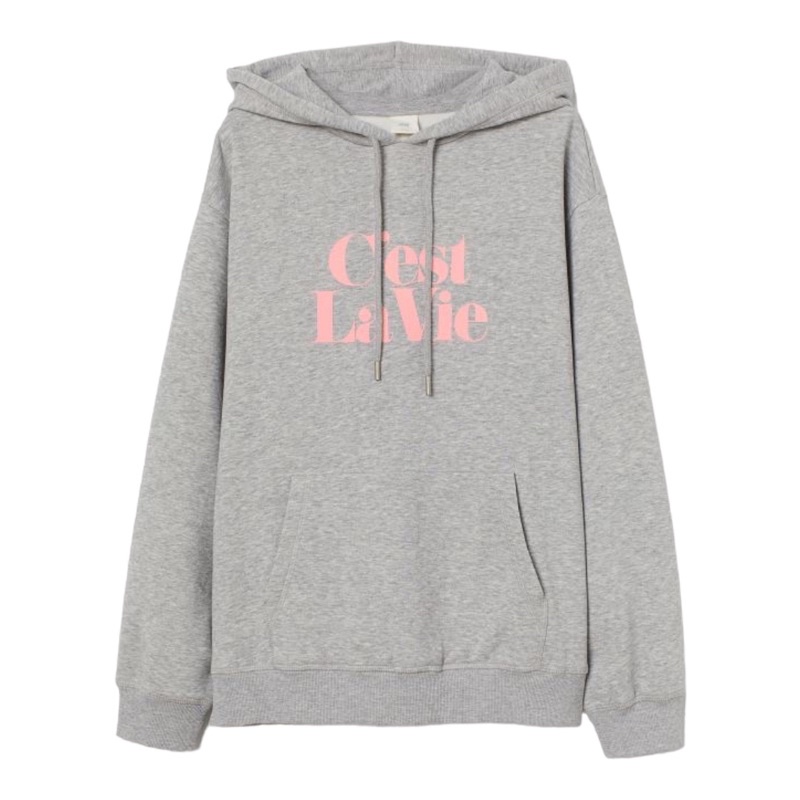 ( 8.8 ) Hoodie H&amp;M Unisex Sablon C'est La Vie Grey Abu, Flecee Katun Lembut, Free Papperbag