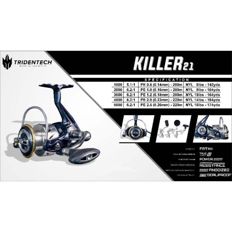new reel KILLER 21.spinning. tridentech Japan murah power handle. 1000.2000.3000.4000.5000