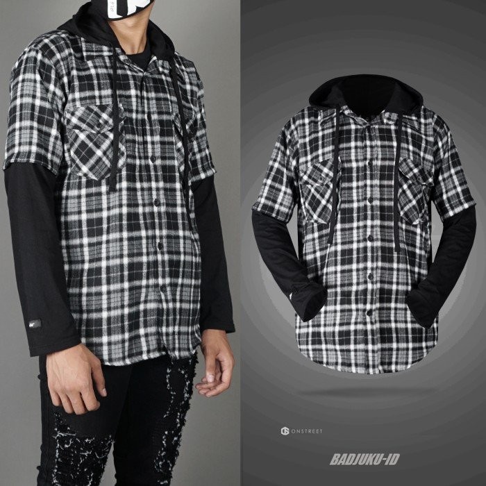 Onstreet kemeja flannel hoodie double layer - black