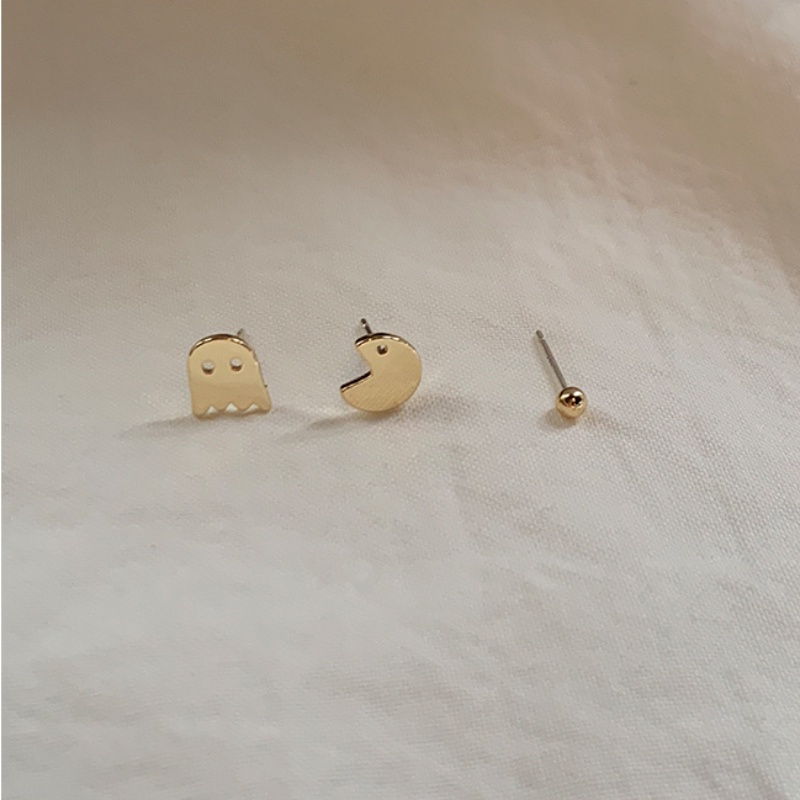 Roselife 3 Pcs/Set Hantu Kecil Lucu Pac-Man Stud Earrings Set Untuk Wanita Gadis Emas Halus Anting-Anting Kecil Set Fashion Telinga Perhiasan Hadiah