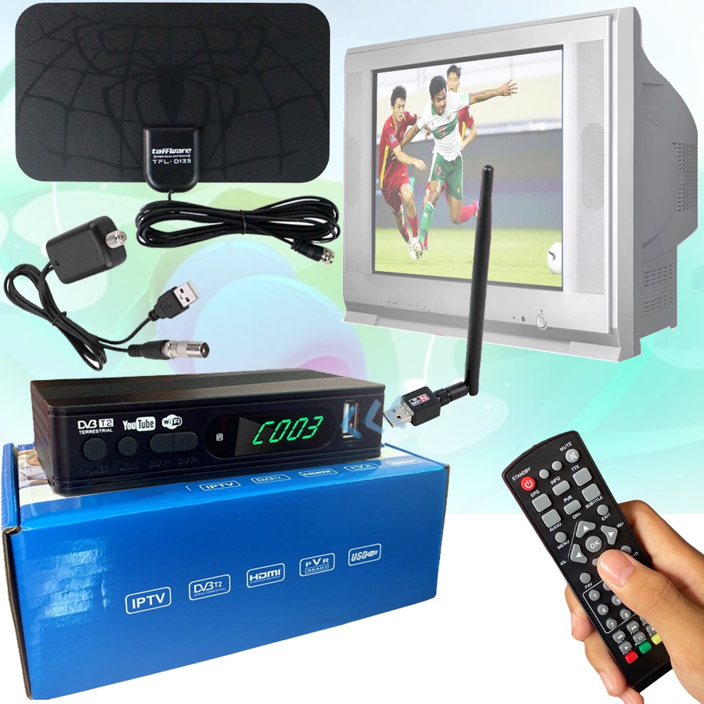 PAKET Set Top Box SUPER HD DVB T2 + Antena TV TFL D139 + Booster Signal D15 Amplifier STB 168 Anten 