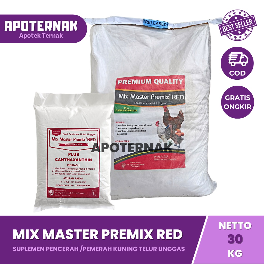 MIX MASTER PREMIX RED 30 kg | Suplemen Pakan Pemerah Pencerah Kuning Telur Unggas Ayam dan Bebek