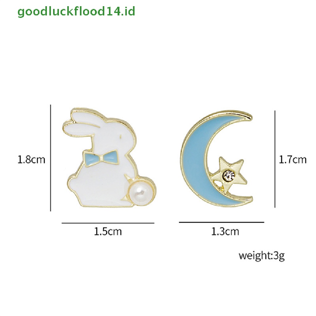 [GOOGFOUR] Lucu Fashion Asymmetric Rabbit Moon Star Stud Earrings Wanita Eardrop Perhiasan Pesta [TOP]